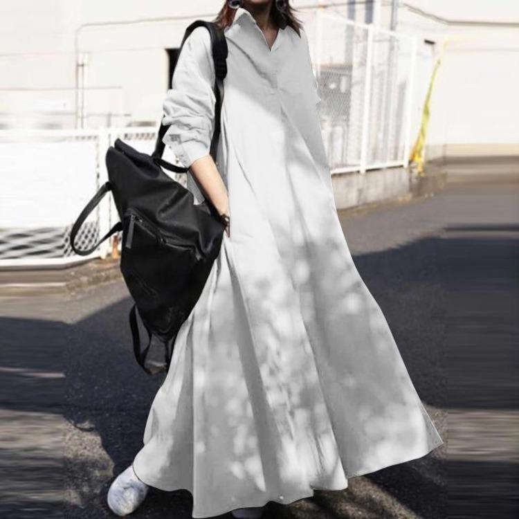 Loose Plain Maxi Blouse Dress Women Long Sleeve Turn Down Collar Shirt Dress