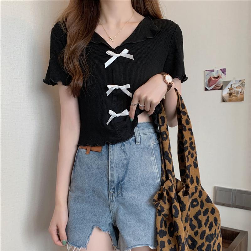 Mode Holzohr-Kante Fliege V-Ausschnitt Kurzarm T-Shirt Strickshirt Damen Locker Dünn Vielseitiges Oberteil Tide Lässig Essentiell Slim Fit Pullover T-Shirts