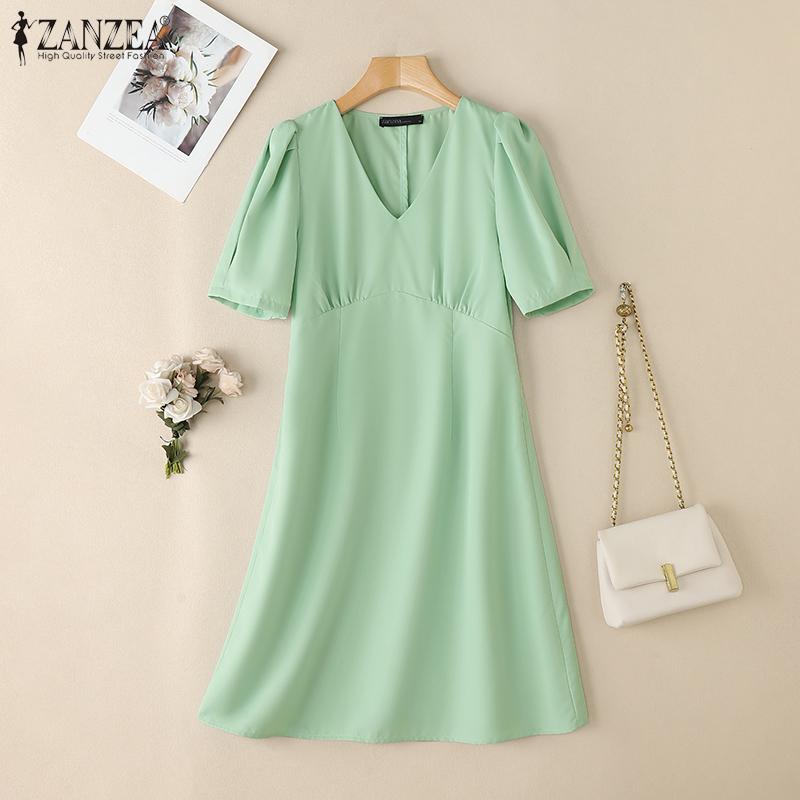 ZANZEA Women Casual V-Neck Solid Color Short Sleeve Summer Dress