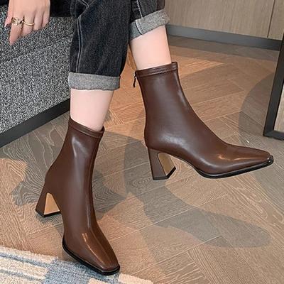 Nuove Popolari Stivali alla Caviglia da Donna Caldi in Cotone Moda Eleganti Scarpe a Punta Quadrata Autunno Inverno Tacco Spesso Stivaletti Corti da Donna
