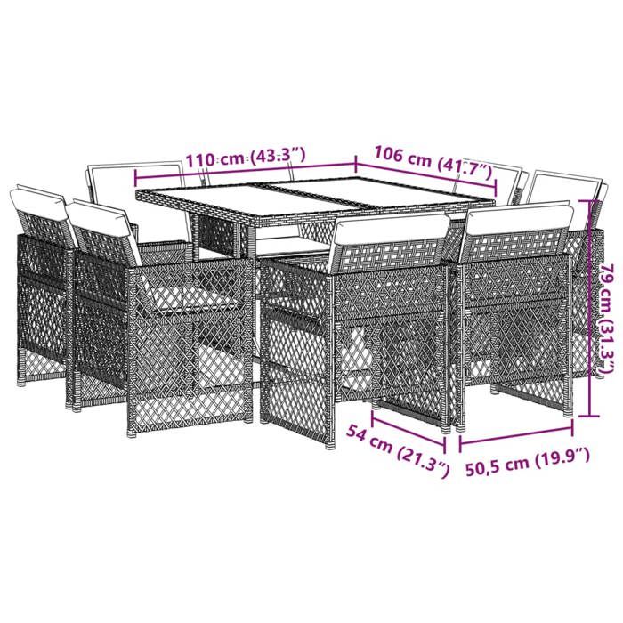 VidaXL Ensemble à manger de jardin et coussins 9 pcs marron poly rotin, ensemble de salle à manger d'extérieur 3210837