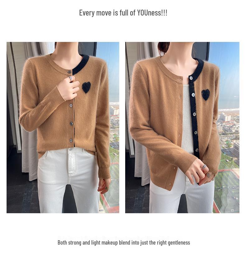Women's Cashmere Cardigan: Color Block, Round Neck, Sweetheart Embroidery, Loose Fit Sweater.
