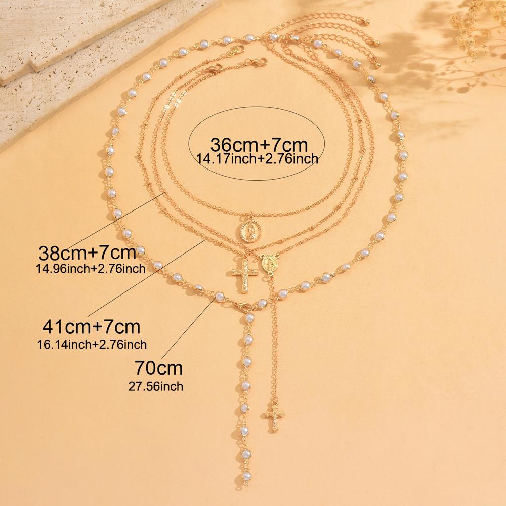Layered Rosary Cross Necklace Vintage Gold Silver Mary Pendant Pearl Beaded Y Lariat Jewelry Gift for Women