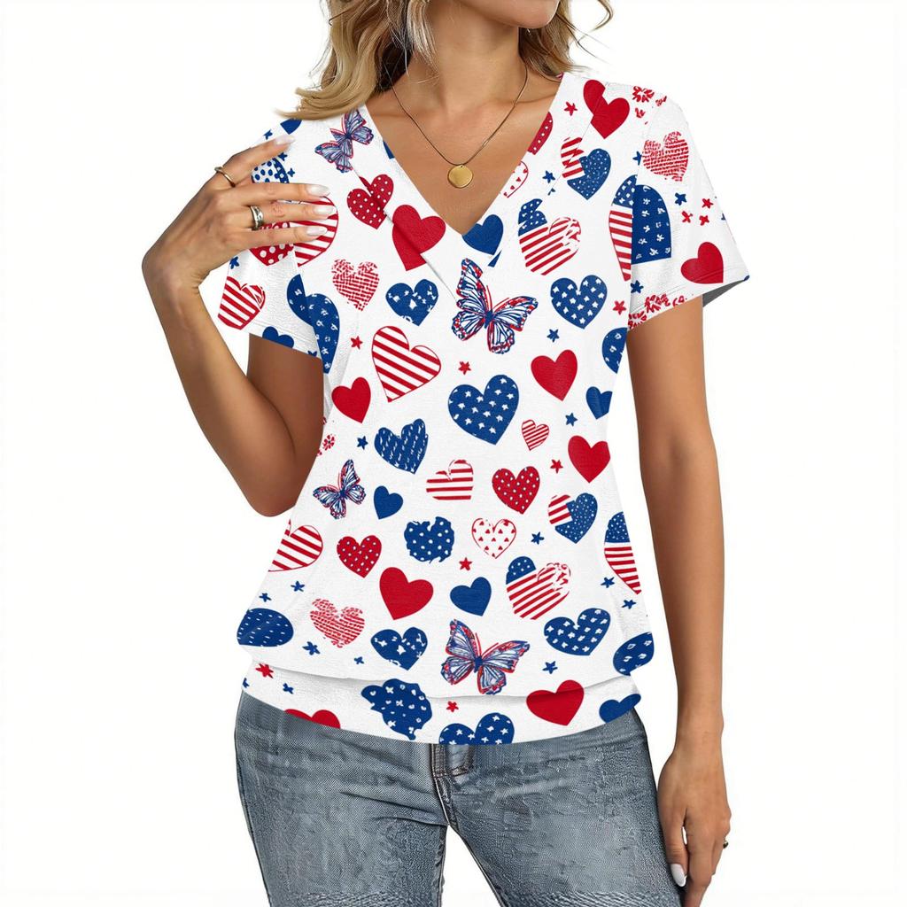 Women's Casual Short Sleeve V Neck Top Independence Day Printed T Shirt Lightweight Comfortable Summer Blouse