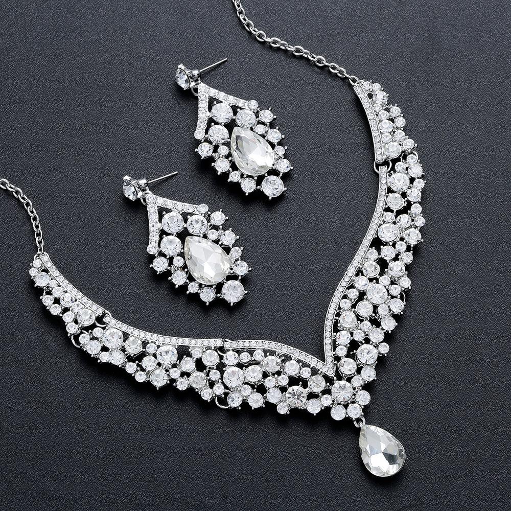 Creative New Exaggerated Crystal Necklace Earrings Bridal Wedding Jewelry Set
