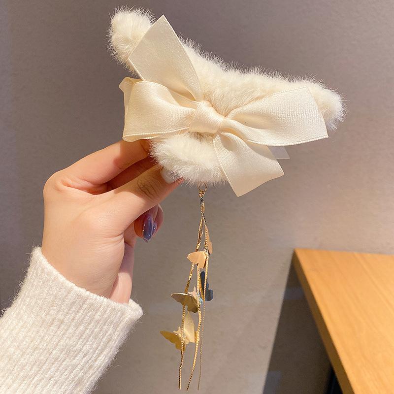 Plush Bow Tassel Grab Clip Furry Hairpin Female Back Head Hair Clip Shark Clip Autumn and Winter Hairpin Headdress
