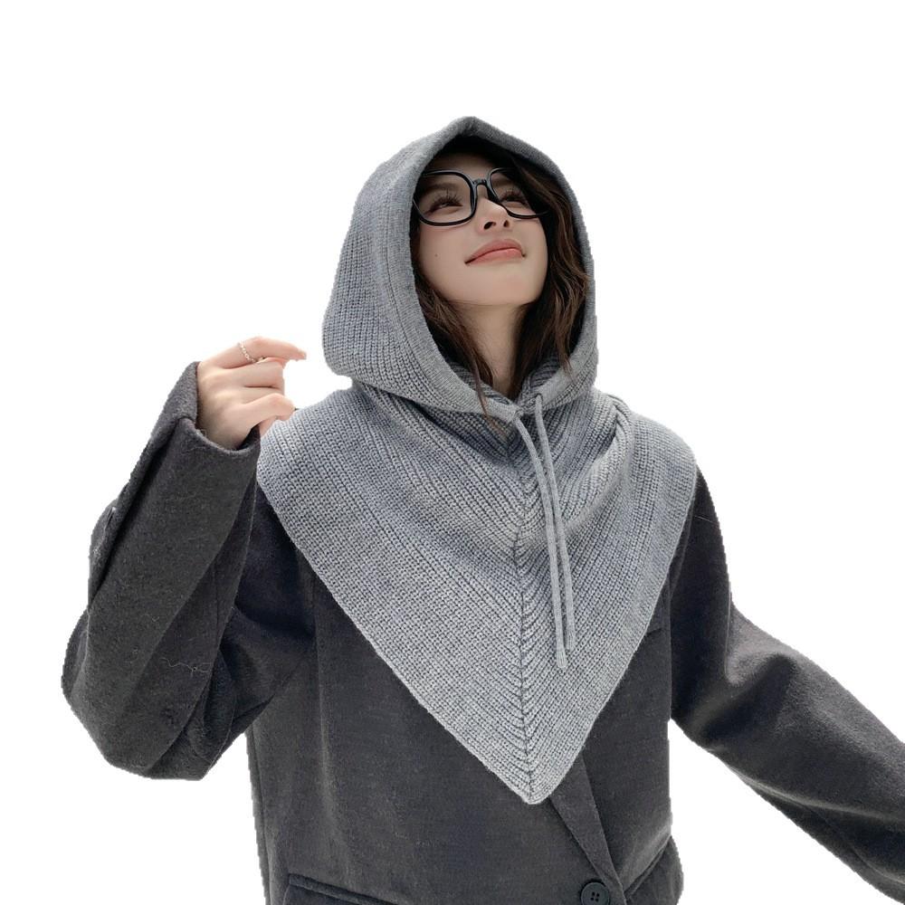 Solid color balaclava hat knitted pullover scarf integrated drawstring autumn and winter windproof and warm women's ear protective wool hat