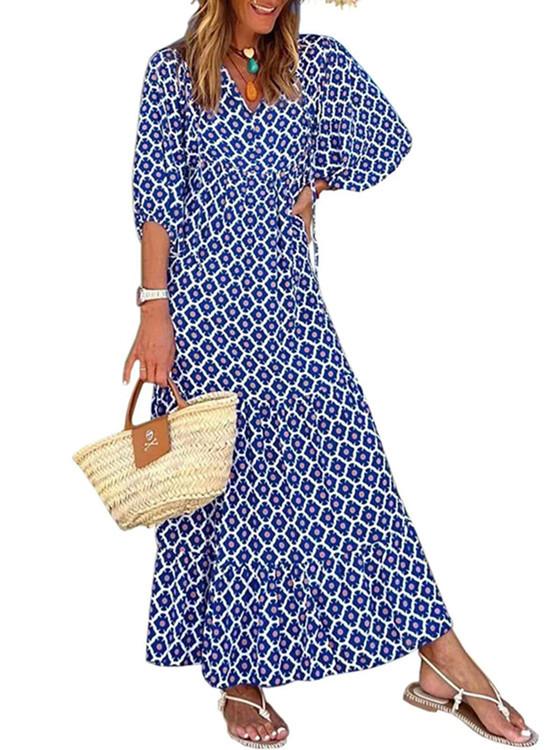 2023 Autumn New Independent Station Hot-selling Geometric Printing Bubble Sleeve Dress Street Fried Street Large Size Women's Clothing