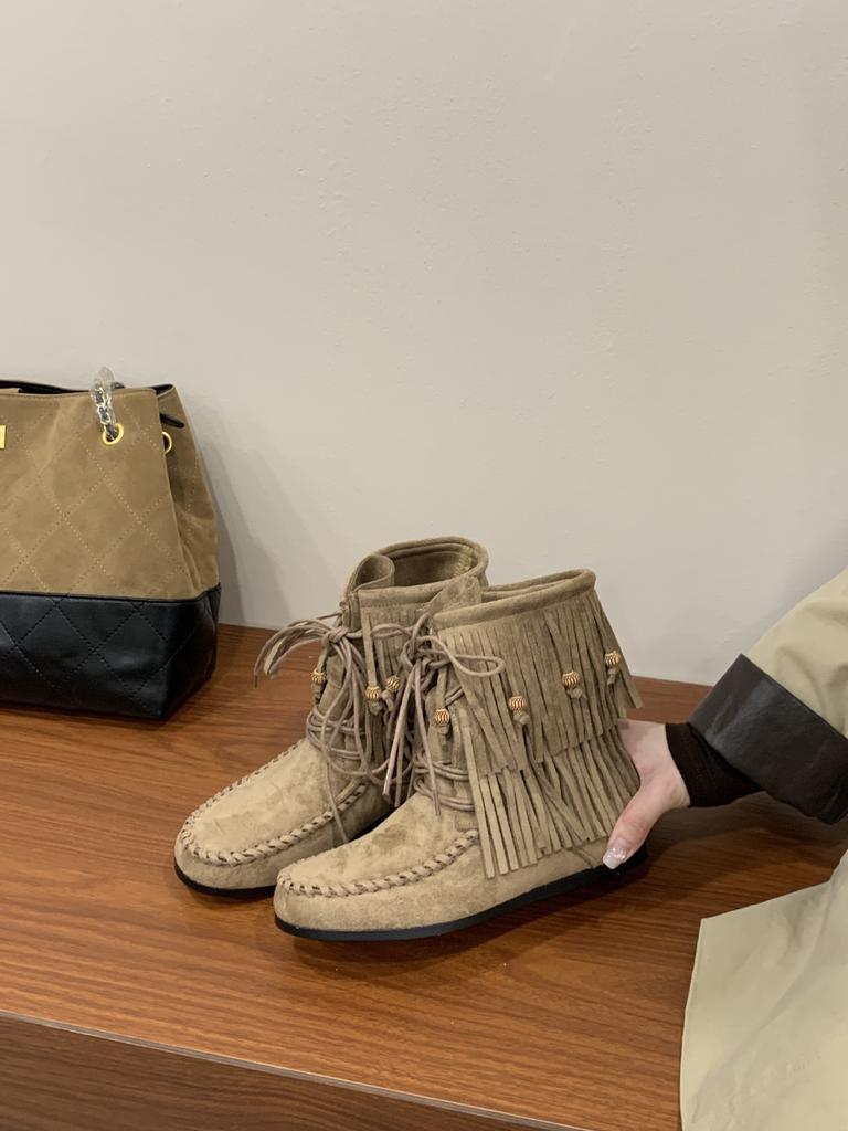 2025 autumn new retro strap fringed boots bosmian flat bottom short boots women