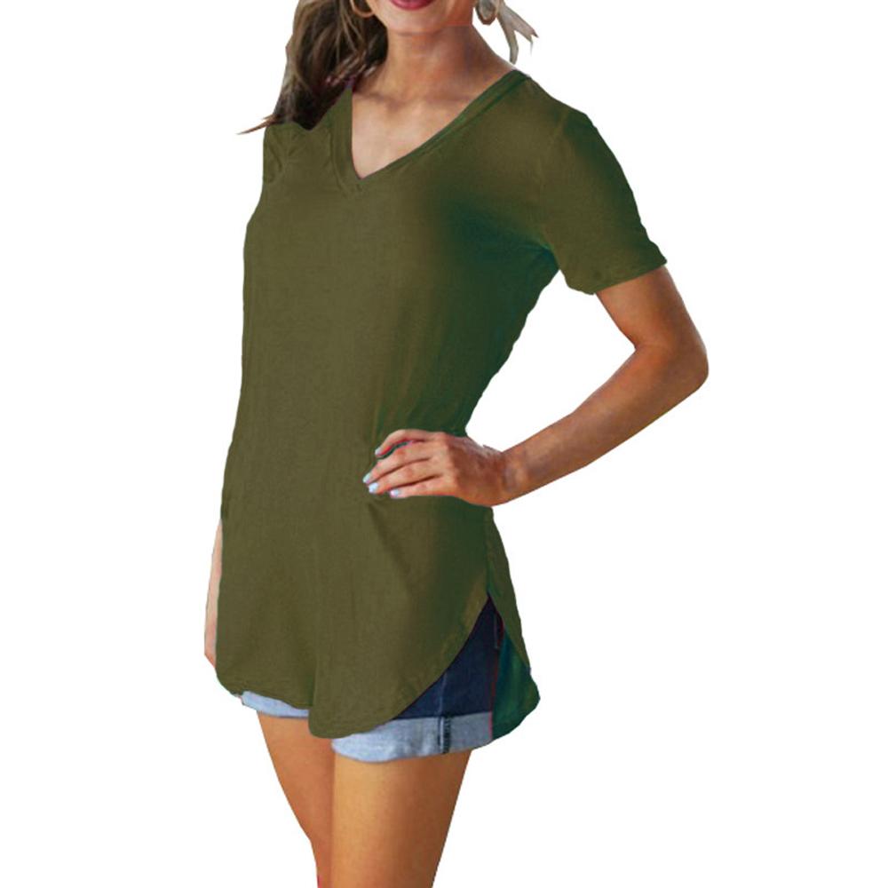 

Summer solid color blouse V-neck short sleeve loose T-shirt hem arc women clothes XS