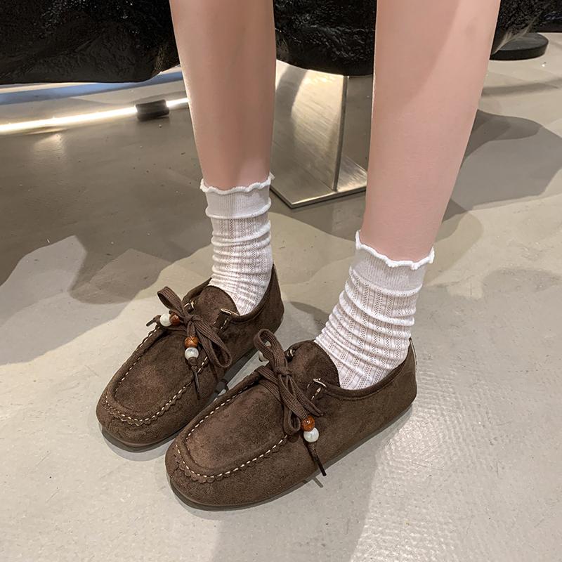 Fashion Suede Leather Leffo Ladies  Shoes 2026 Autumn New Round-toe Versatile Casual Flat Shoes  Retro Laced Baby Shoe Design 35 коричневый