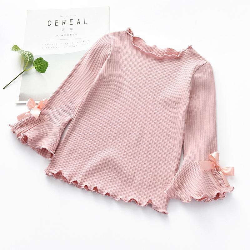 Autumn Spring Fashion Girl Long Sleeve T-Shirt with Ruffle Edges for Kids Soft and Warm Solid Color Children Casual Clothes Tops