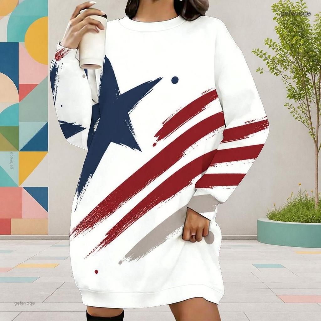 Women Plus Size Round Neck Long Sleeve American Eagle Printed Sweatshirt Mini Dress