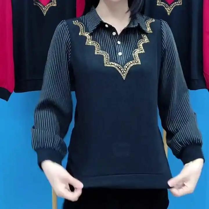 Autumn Winter New Fashion Patchwork Fake Two-piece Top for Women's Striped Long Sleeved Blouse Lapel Hot Diamond Bottoming Shirt