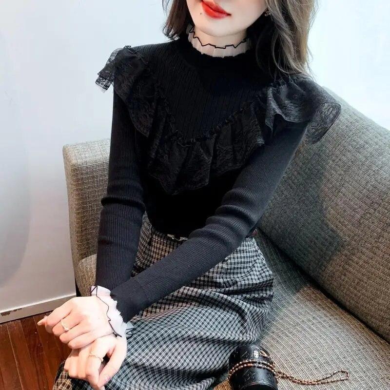 Half High Collar Bottoming Blouse for Women's Spring Autumn Winter New Pullovers Sweater Ruffle Edge Knitted Top