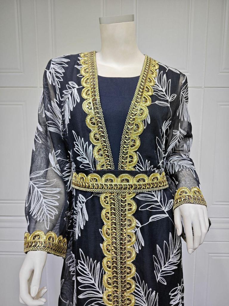 AB363 Dubai Eid al-Adha Mesh Embroidery Patchwork Muslim Two-Piece Set