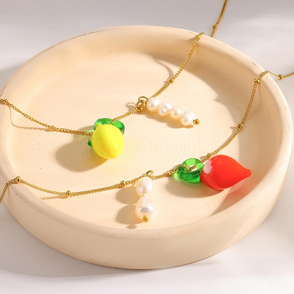 European and American fresh fruit freshwater pearl pendant plated with 18K gold stainless steel necklace light luxury niche accessories women
