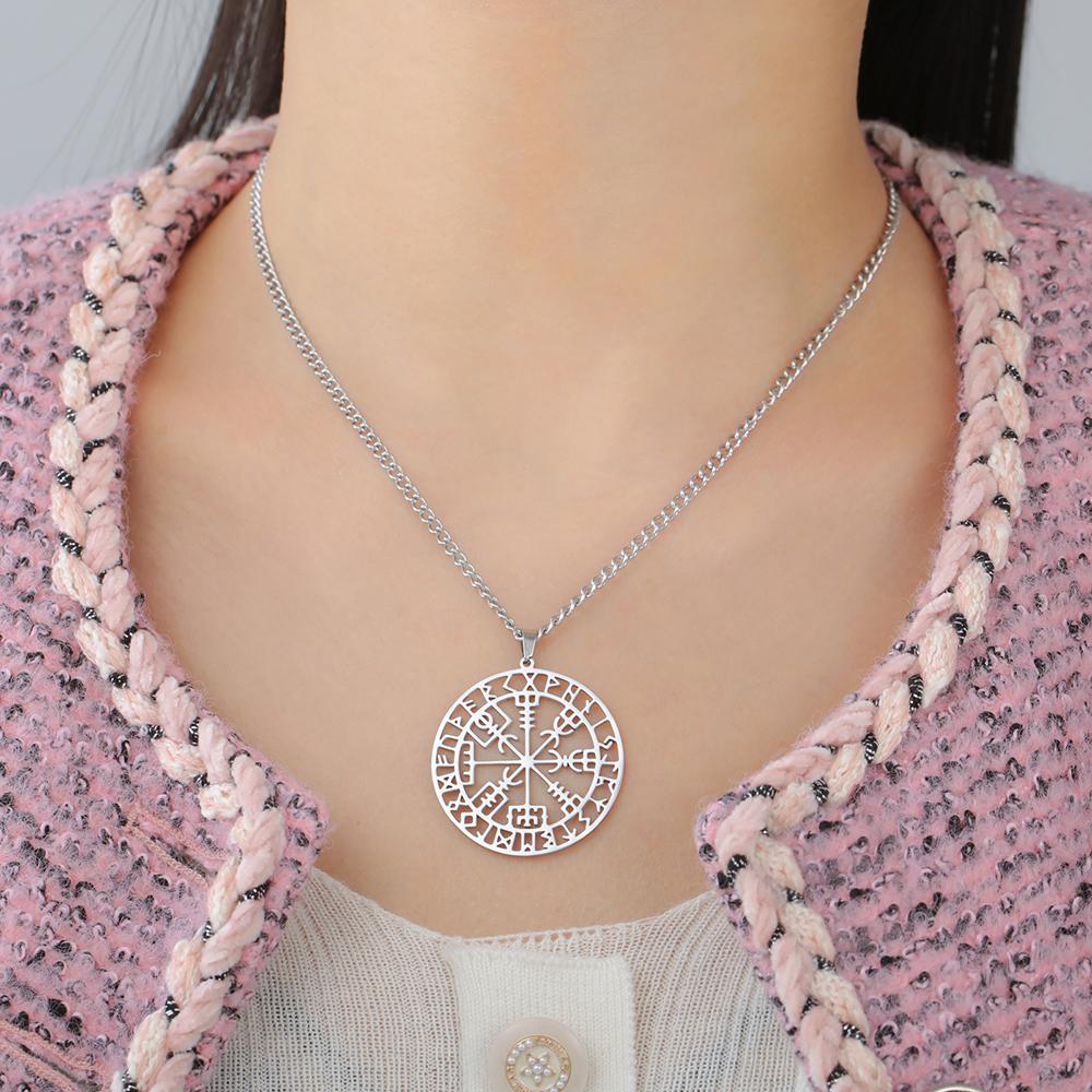 Dawapara Vegvisir Pendant Necklace Nordic Runes Compass Necklace Protection Amulet Stainless Steel Jewelry