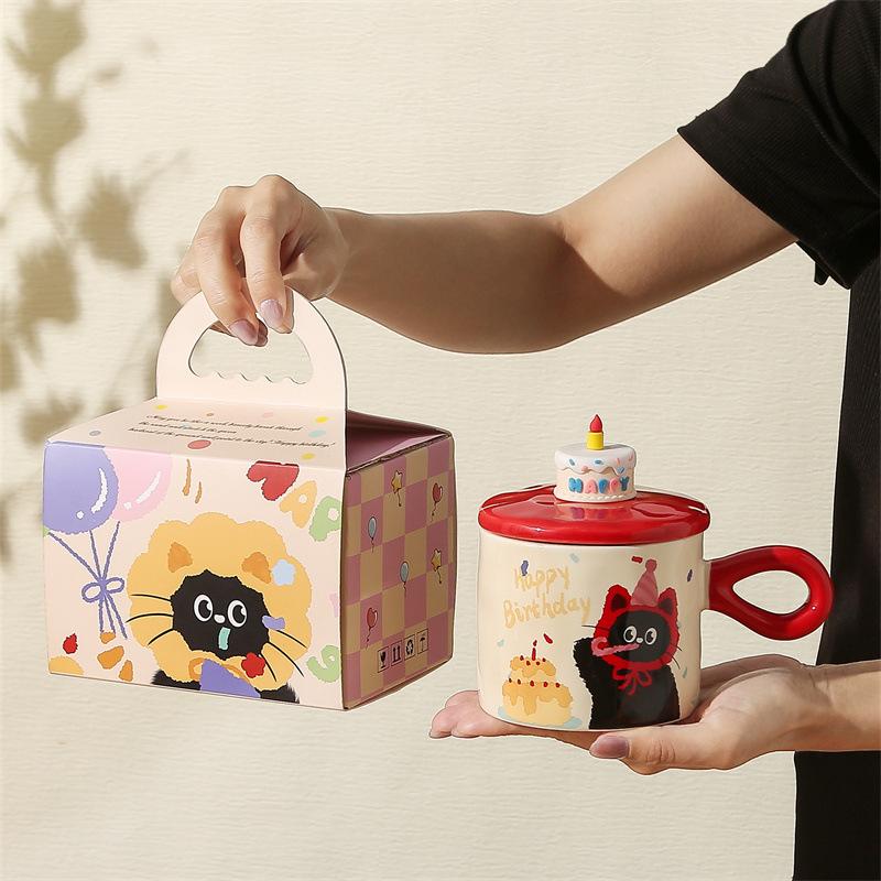 Cute Naughty Cat Ceramic Mug with Lid Birthday Gift Coffee Water Cup Souvenir Breakfast Milk Cup