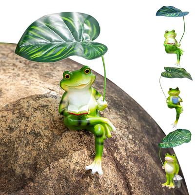 Reading Frog Garden Statue with Leaf Resin Funny Frog Drinking Coffee Figurine Ornament for Garden Yard Patio Fairy Garden Decor