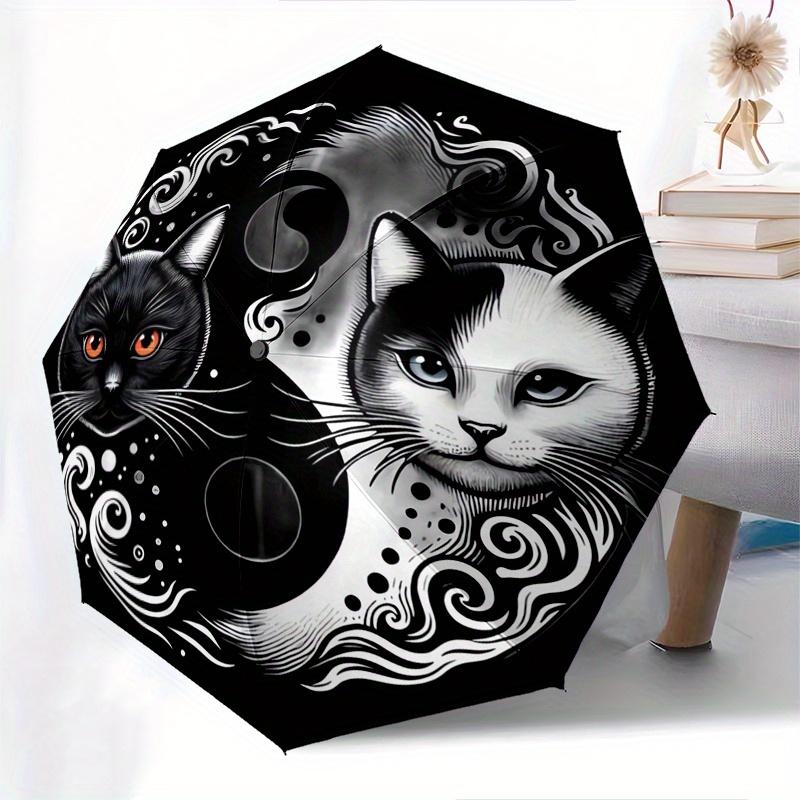 Yin Yang Cats Automatic Folding Umbrella 8 Ribs, Durable Iron Frame, Bright Color Pattern Compact Travel Umbrella, Suitable for Outdoor, Be
