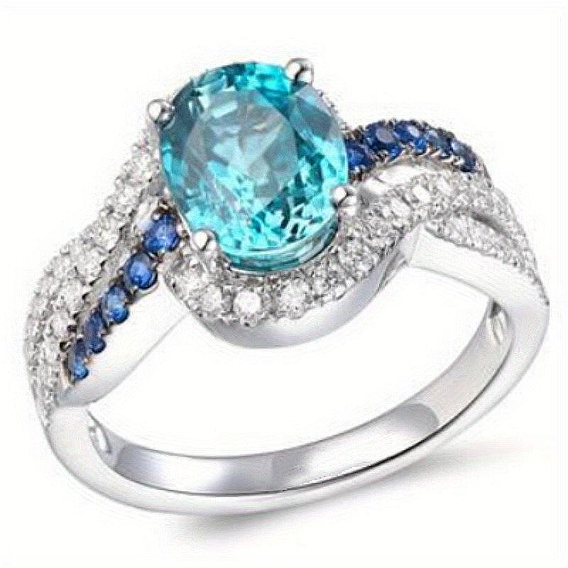 Luxury Sparkling Blue Synthetic Zirconia Wedding Silvery Plated Ring Women's Fashion Elegant Engagement Jewelry Accessories Gift
