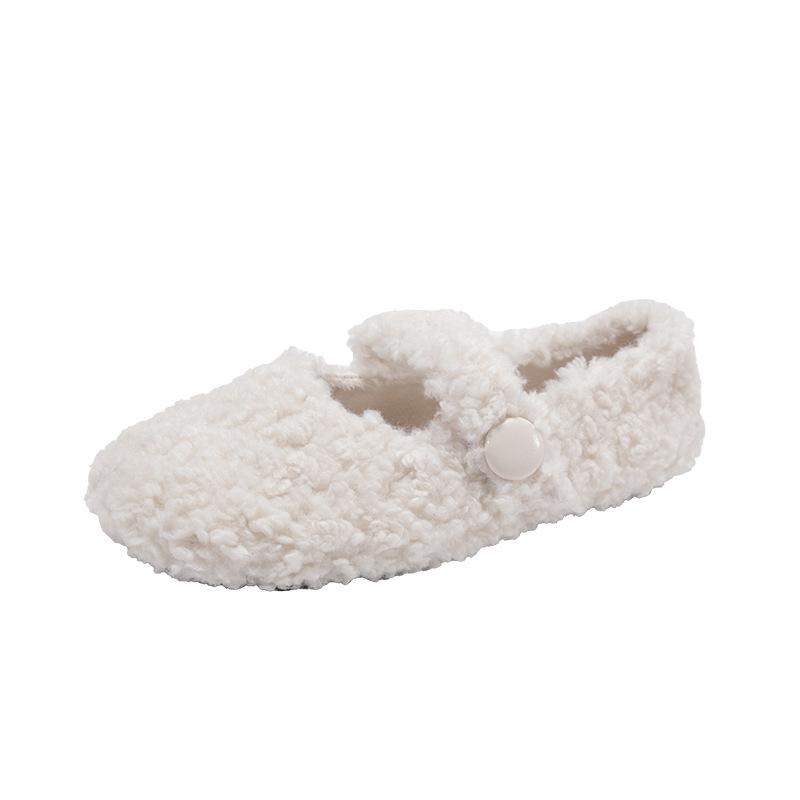 White French Mary Jane Flat-bottomed Fluffy Shoes for Women's New Autumn and Winter Warm-soled Beanie Cotton Shoes