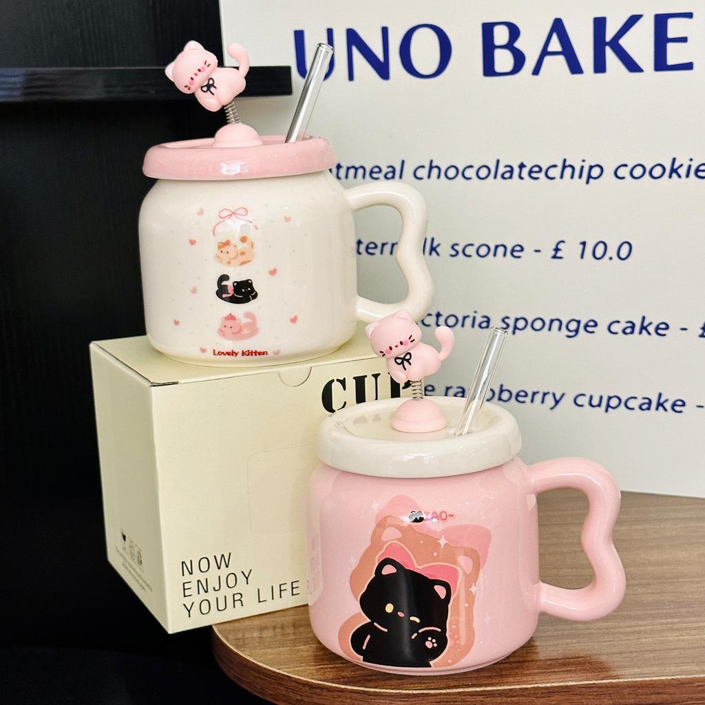 Creative Design Spring Kitten Ceramic Mug with Lid Cute Household Milk Oatmeal Cup Cartoon Cup Souvenir