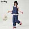 Retro Summer Lace Patchwork Denim Set - Sleeveless Vest & Wide-Leg Pants