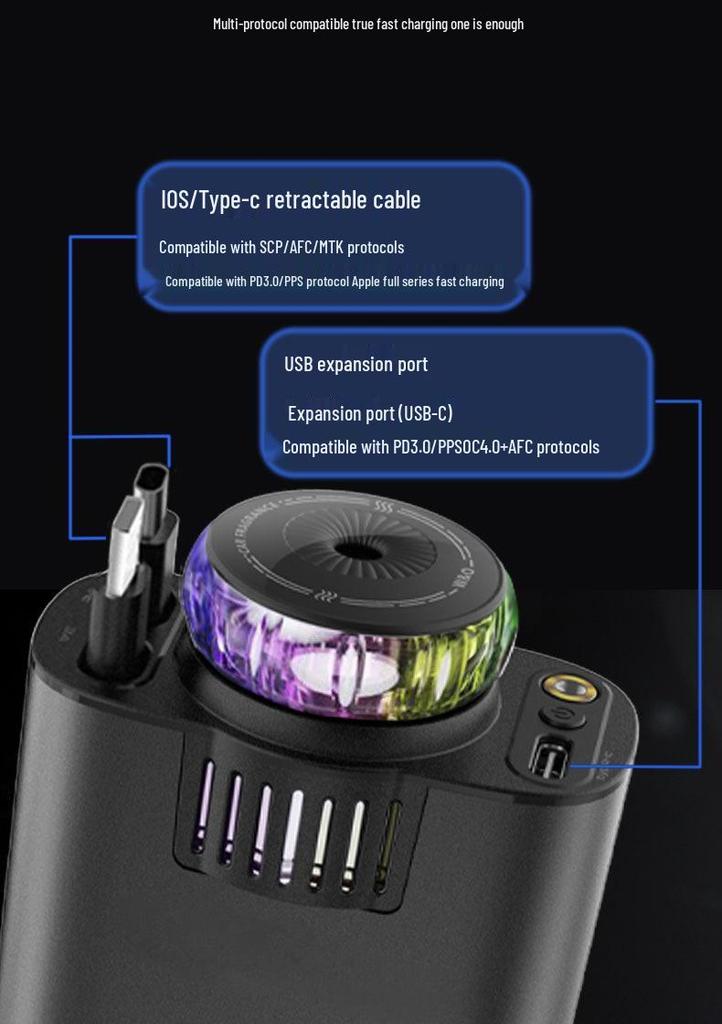 45W Fast Car Charger with Retractable Cable, Dual Port, Aromatherapy Design, Compatible with Apple & Huawei Phones