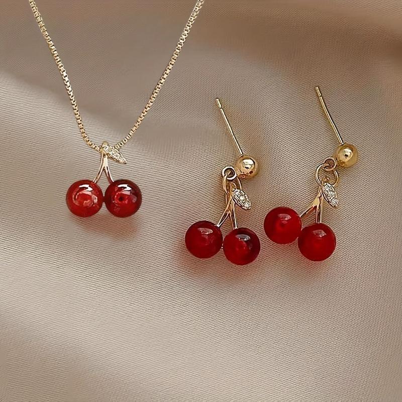 High-End Creative Cherry Earring and Necklace Set