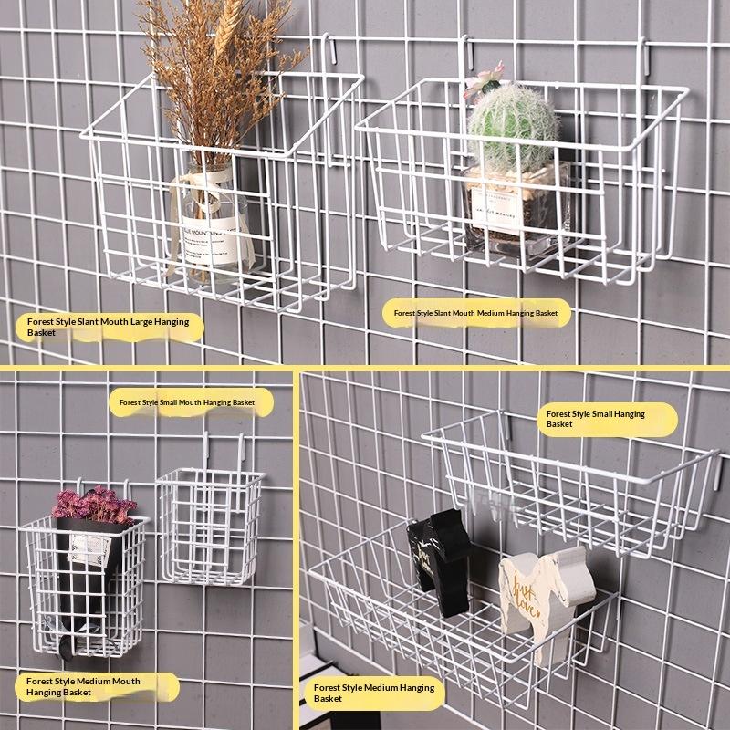 Metal Decorative Storage Basket Diy Iron Grid Flower Pot Hanging Shelf Wall Art Mounted Frame Mesh Display Rack Home Decoration