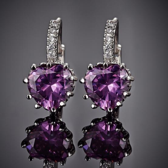 Women Elegant Purple Heart Shape Leverback Hoop Earrings