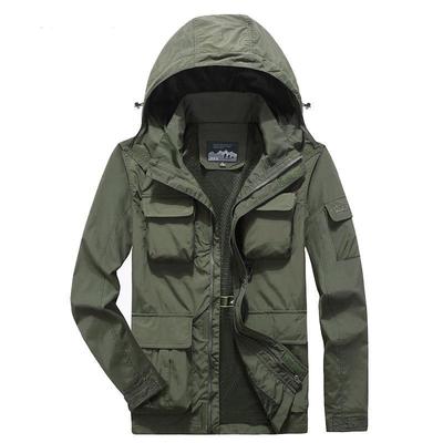 Jacke Herren Loose Plus Size Jacke mit mehreren Taschen, kann die Kapuze abnehmen, Arbeitsmanteloberteil