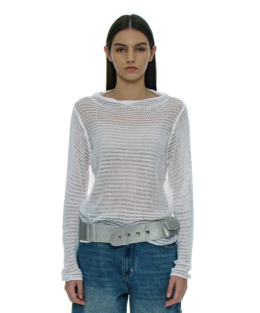 PARTIMENTO WOMEN Sheer Boatneck Knit Top_White