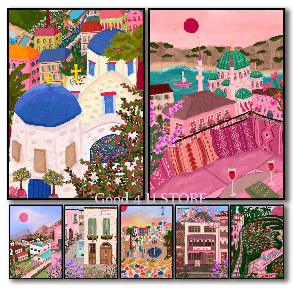 Abstract World City Travel Santorini San Francisco Tokyo Landscape Poster Canvas Painting Wall Pictures Home Interior Decor Gift