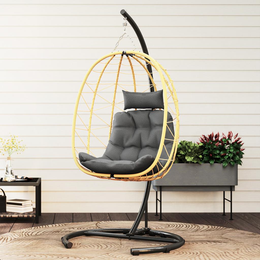 Hanging and Foldable Armchair with Cushions, in Steel and PE Rattan, 102x102x195 cm, Black Grey and Beige