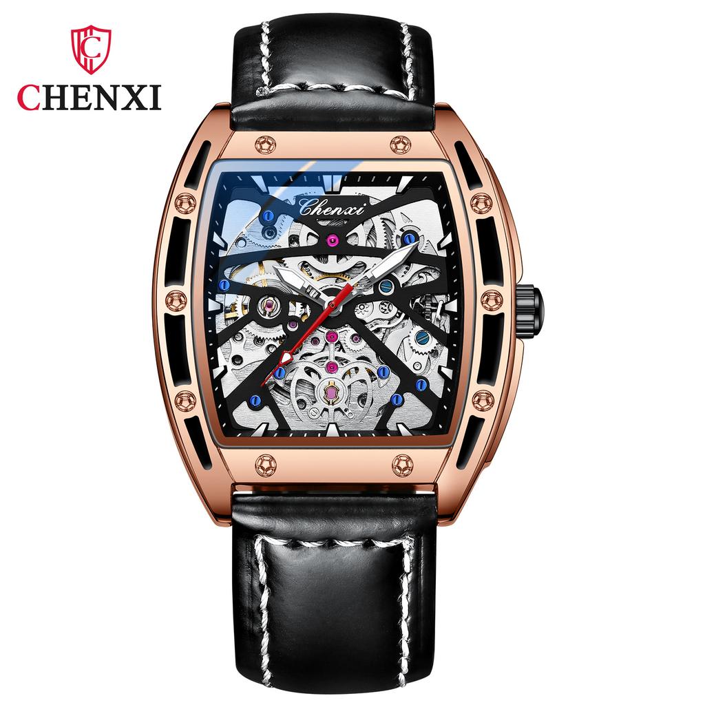 New TOP Brand Luxury Men's Watch With Box Men's Wine Barrel-shaped Hollow Automatic Leather Waterproof Men's Mechanical Watches