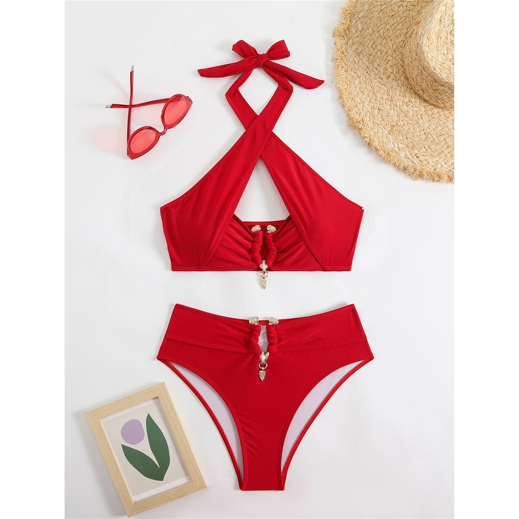 2025 Halter Cut Out High Waist Bikini Female Swimsuit Women Swimwear Two-pieces Bikini Set Padded Bather Bathing Suit Swim V6256