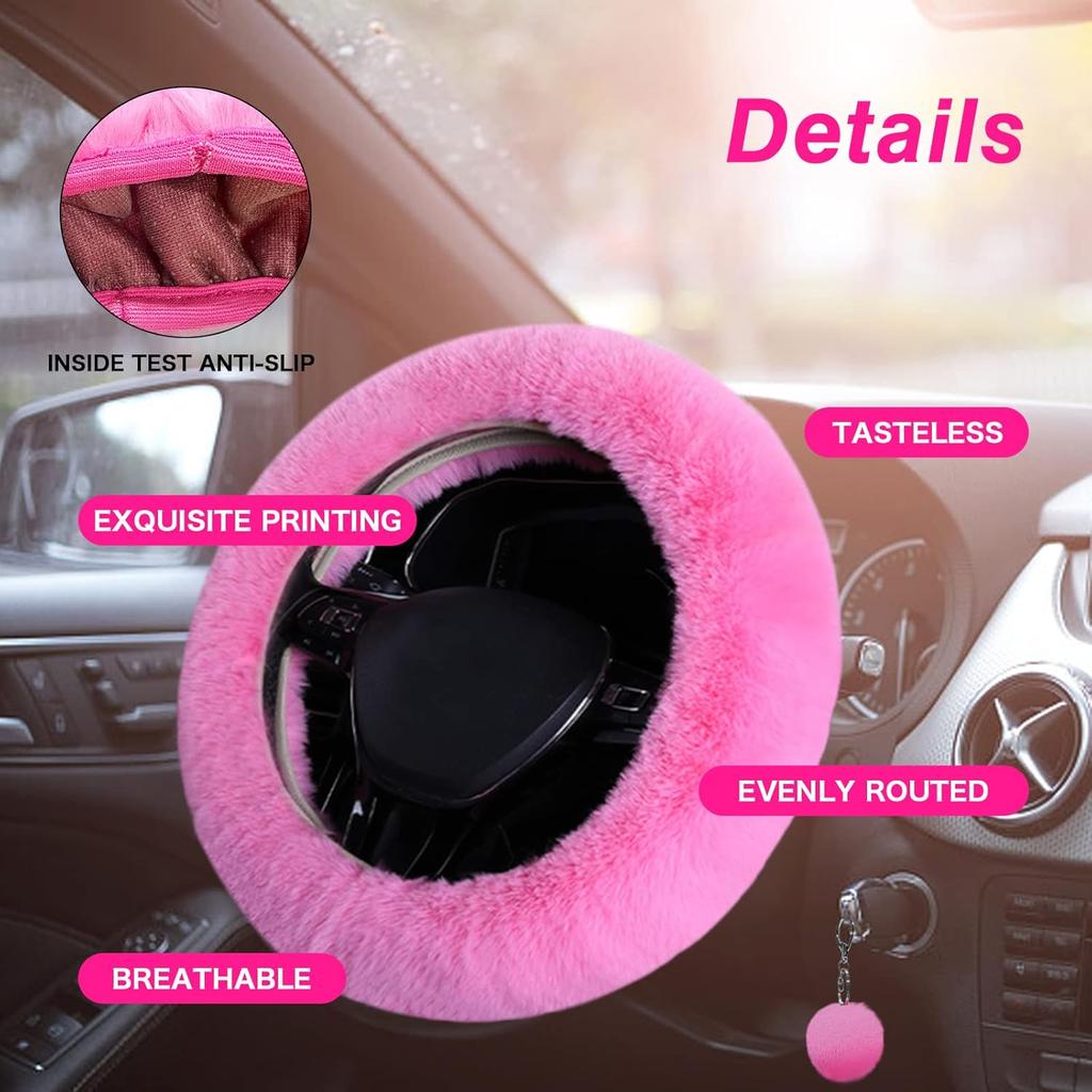 7PCS Set Car Interior Aesthetic Accessories, Fluffy 15 Inch Steering Wheel Cover, Armrest Pad, Seat Belt Cover,Gear Shift Cover, Fit Girly Car