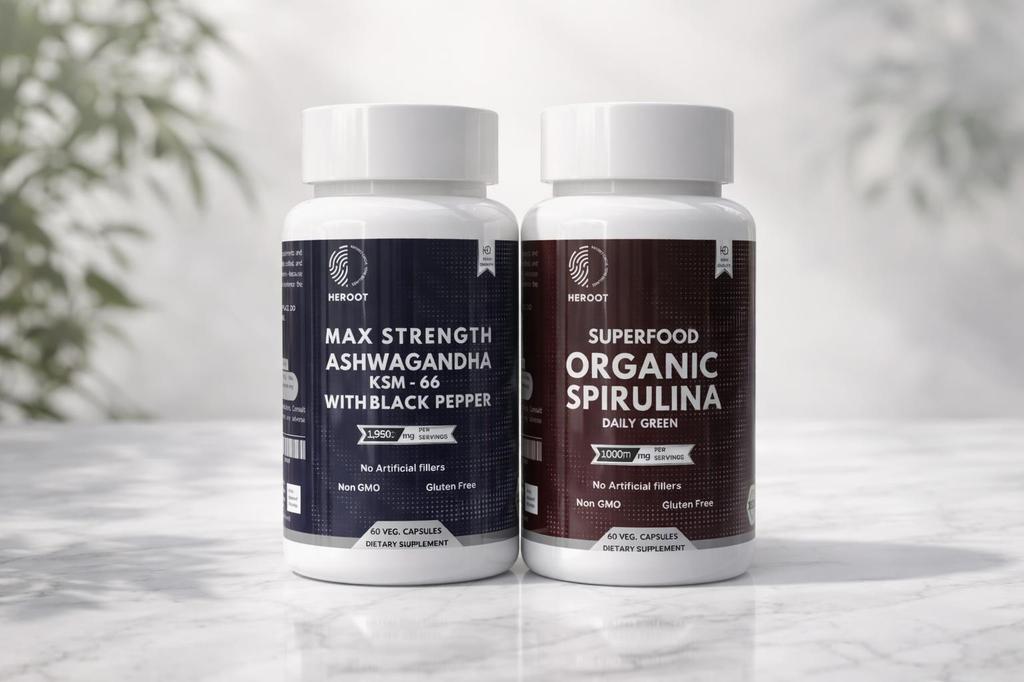 Heroot Kombinácia kapsúl pre bylinnú pohodu | Ashwagandha s čiernym korením a spirulinou