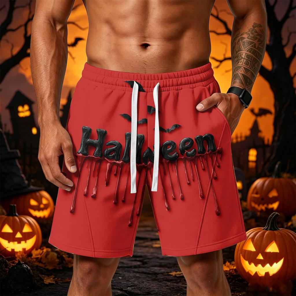 Men Loose Fit Halloween Themed Shorts with Pockets Drawstring Waist Athletic Casual Shorts for Sports and Wear