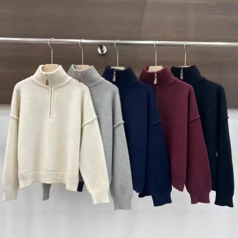 Women's Korean-Style Double Zipper Stand Collar Knit Cardigan - Loose Fit, Casual, Autumn/Winter 2024 Sweater Coat