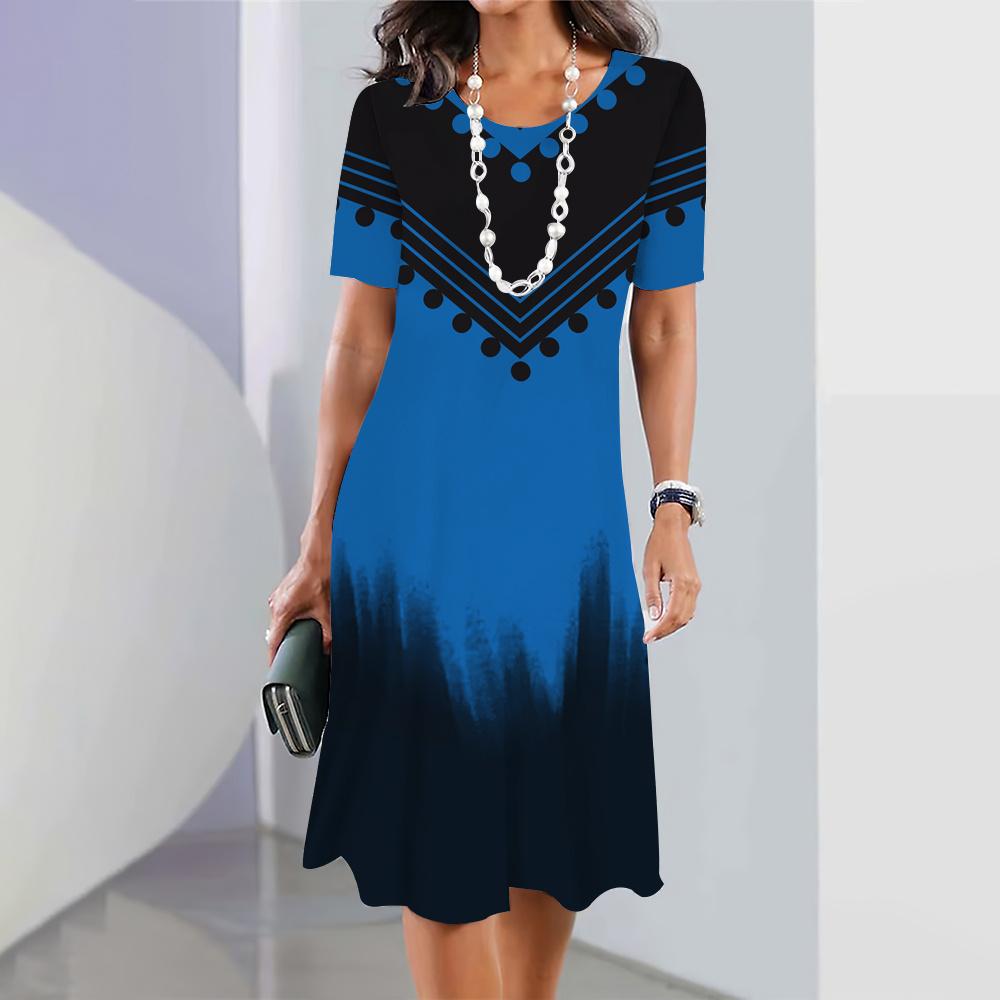 Gradient Dresses Summer Elegant Women'S Clothing Fashion Flowers Print Short Sleeves A-Skirt 2023 New Oversized Evening Dress