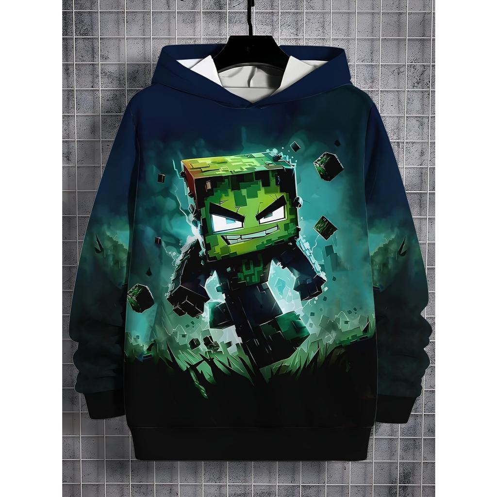 Boys' Minimalist Printed Hoodie, Fashionable All Season Casual Round Neck Long Sleeved Pullover Sweatshirt