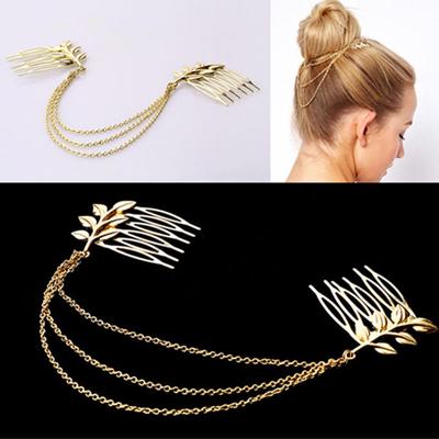 Women's Elegant Chic Golden Tone Leaf Branch Layered Hair Chain Comb Headband ARI