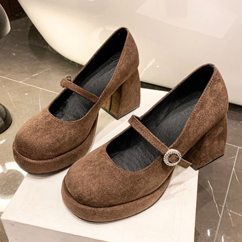 Fashion Crystal Suede Women High Heels Shoes 2025 Autumn Shallow Chunky Pumps Elegant Comfort Mary Janes Shoes Dress Chaussures Femme