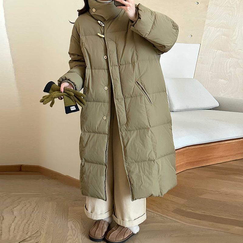 Korean horn buckle long down jacket women's 2024 winter temperament over the knee thickened white duck down jacket tide