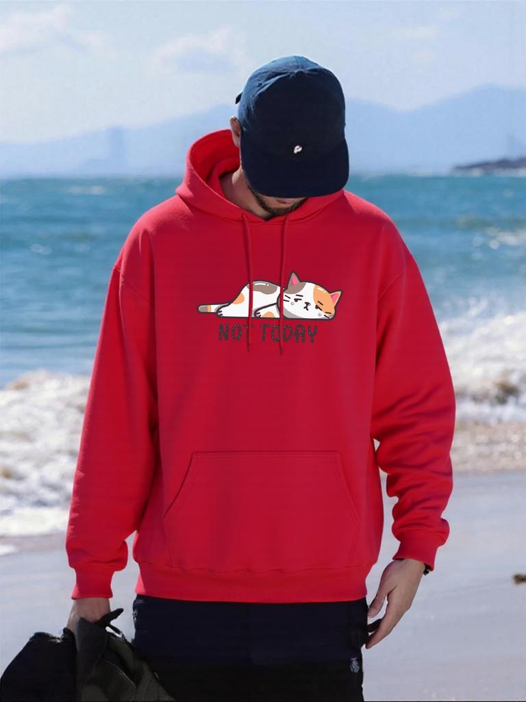 Not Today Lazy Cat Pattern Hoodies Mens All-Match Casual Hoody Pocket Fleece Streetwear Oversized Comfortable Male Pullover