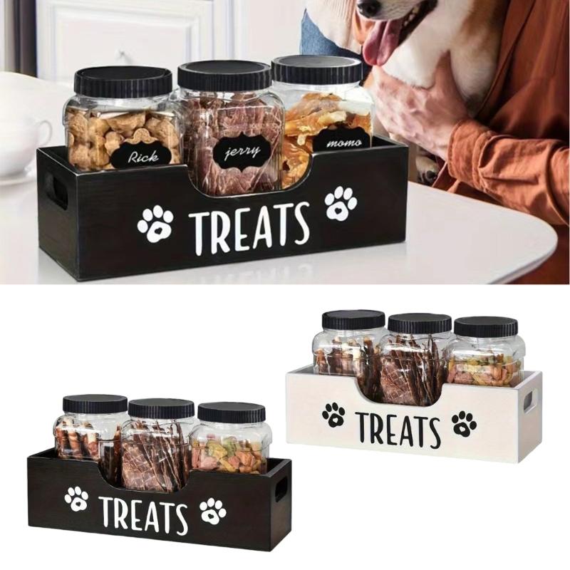 Pet Treat Storage Organizers Wooden Box 3 Sealed Jars Nonslip Base Storage Box